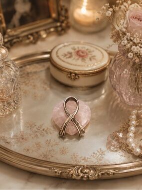 925 Sterling Silver Vintage Shube Real Rose Quartz Cancer Awareness Pin Brooch